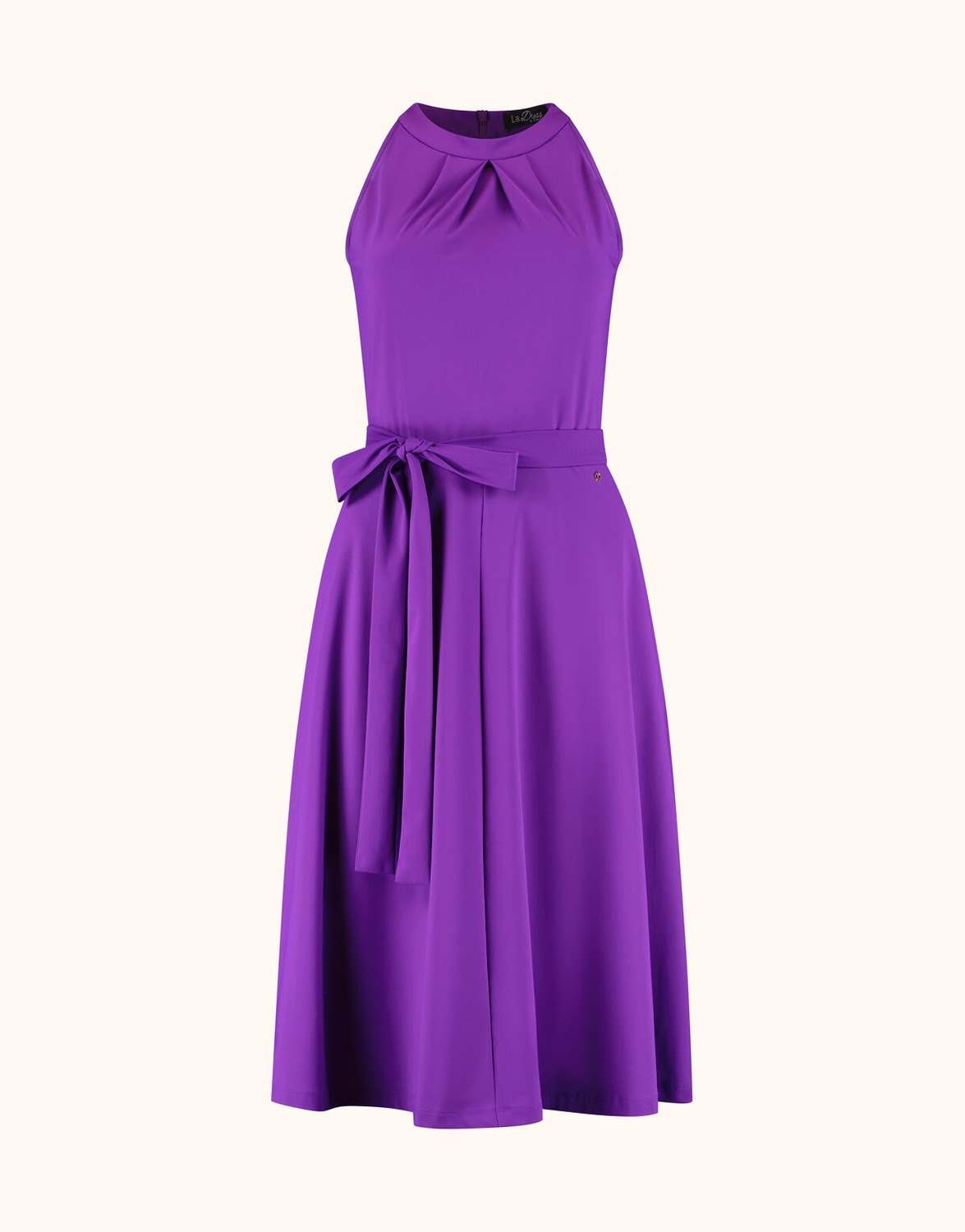 Packshot of the Juno Violet dress in jersey lycra with a tie belt and full skirt.