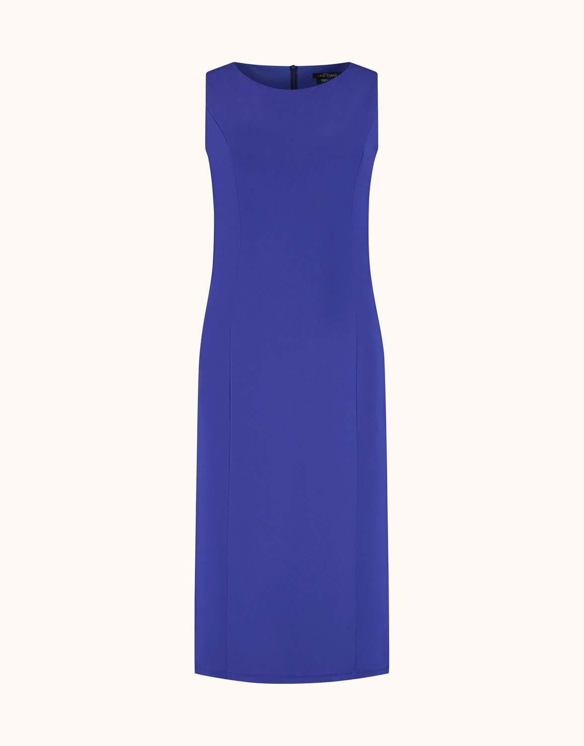 Packshot of the Gloria Marine Blue dress in jersey lycra, a fitted sleeveless style.