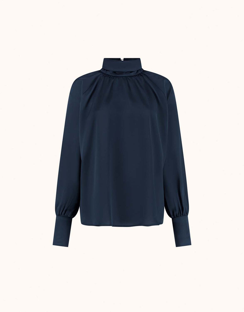 Packshot of the Alix Midnight Blue satin blouse with a high gathered neck and cuffs.