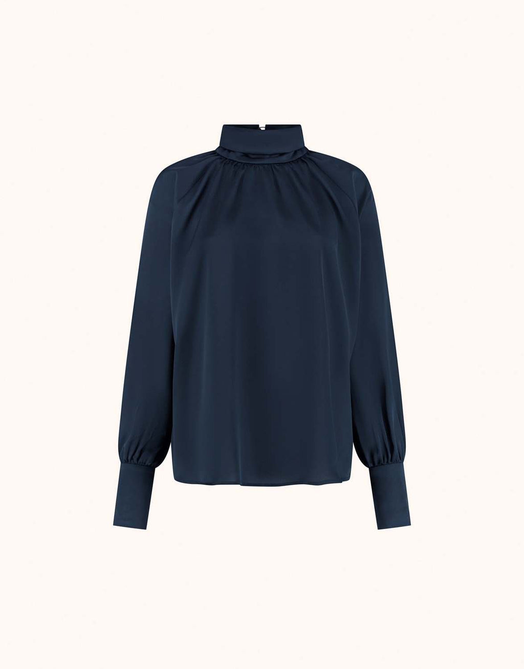 Packshot of the Alix Midnight Blue satin blouse with a high gathered neck and cuffs.