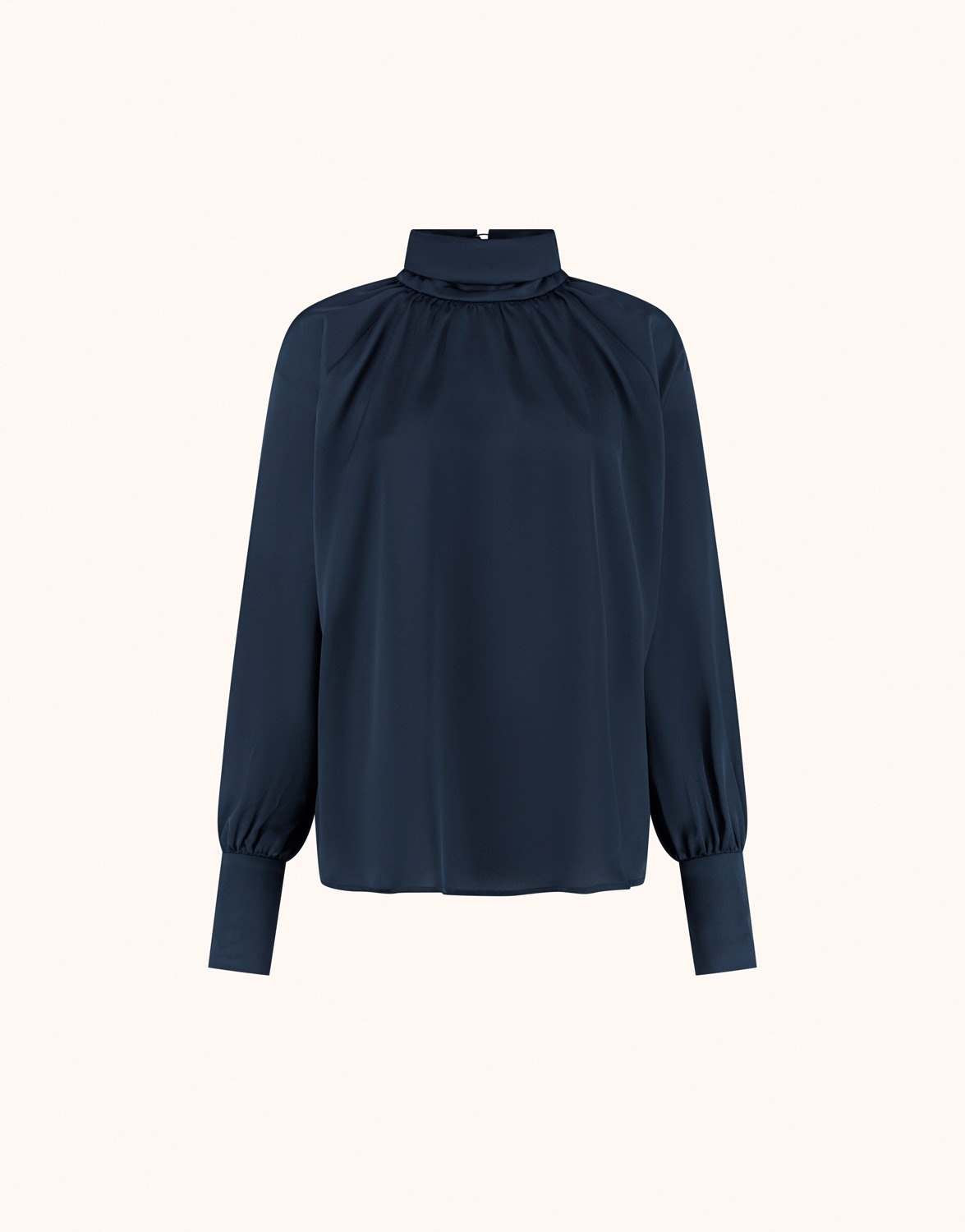 Packshot of the Alix Midnight Blue satin blouse with a high gathered neck and cuffs.