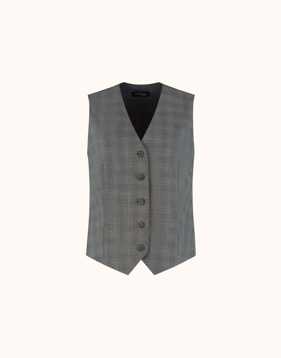 Packshot of the Jules Light Grey Check waistcoat in stretch woven with a checked pattern.
