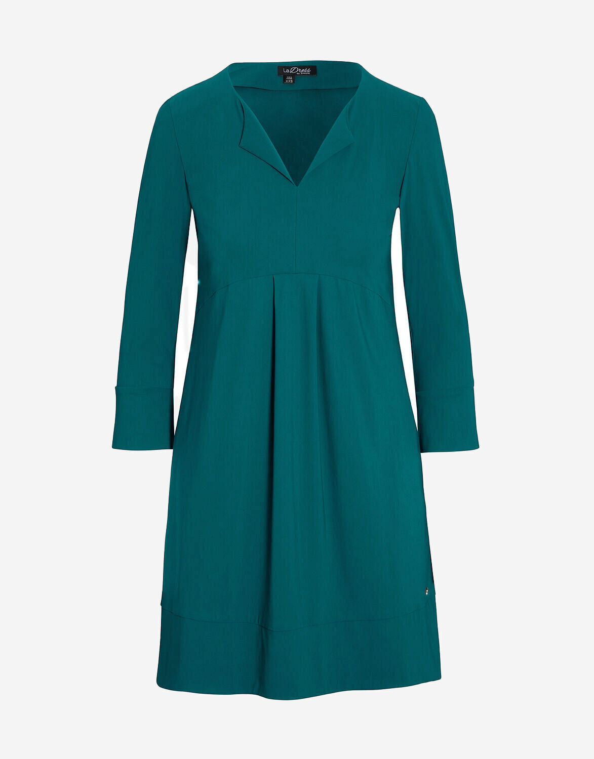 Packshot of the Chloe Petrol dress in jersey lycra with long sleeves and a stand collar.