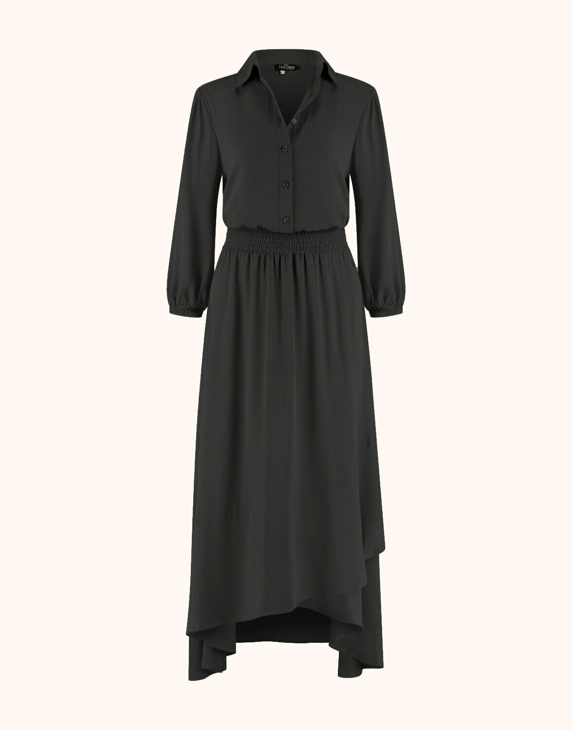 Packshot of the Georgina Black dress in crepe georgette with a collar and button front.