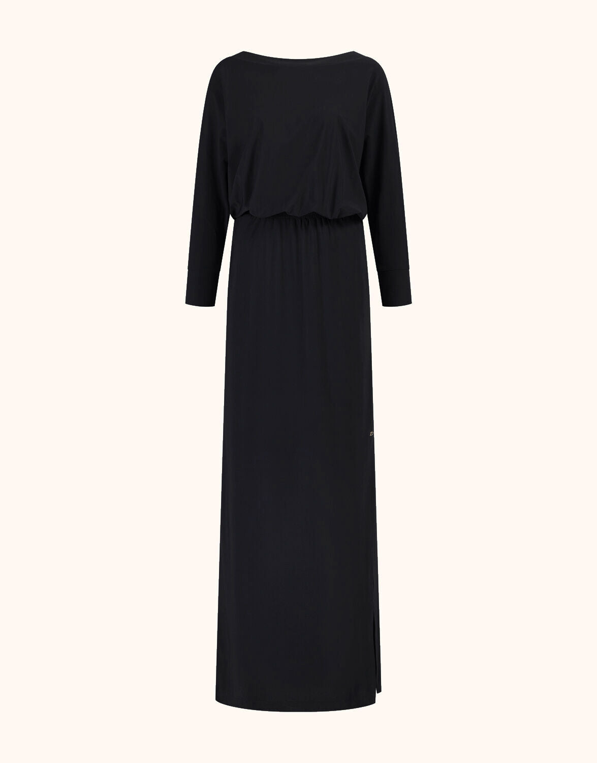 Packshot of the Hillary Black dress in jersey lycra, a long style with a blouson top.