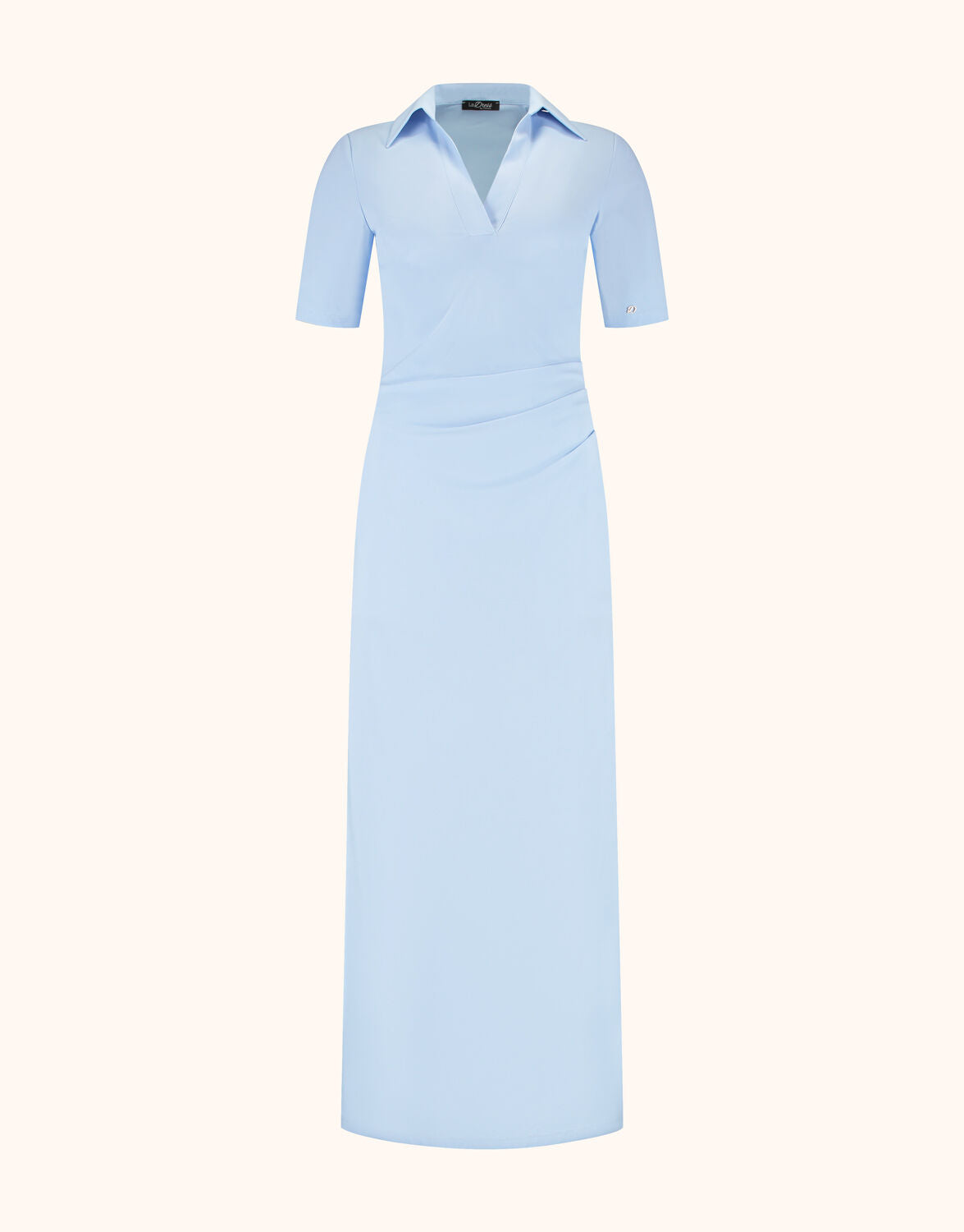 Packshot of the Arlette Sky Blue maxi dress with a polo collar and short sleeves.