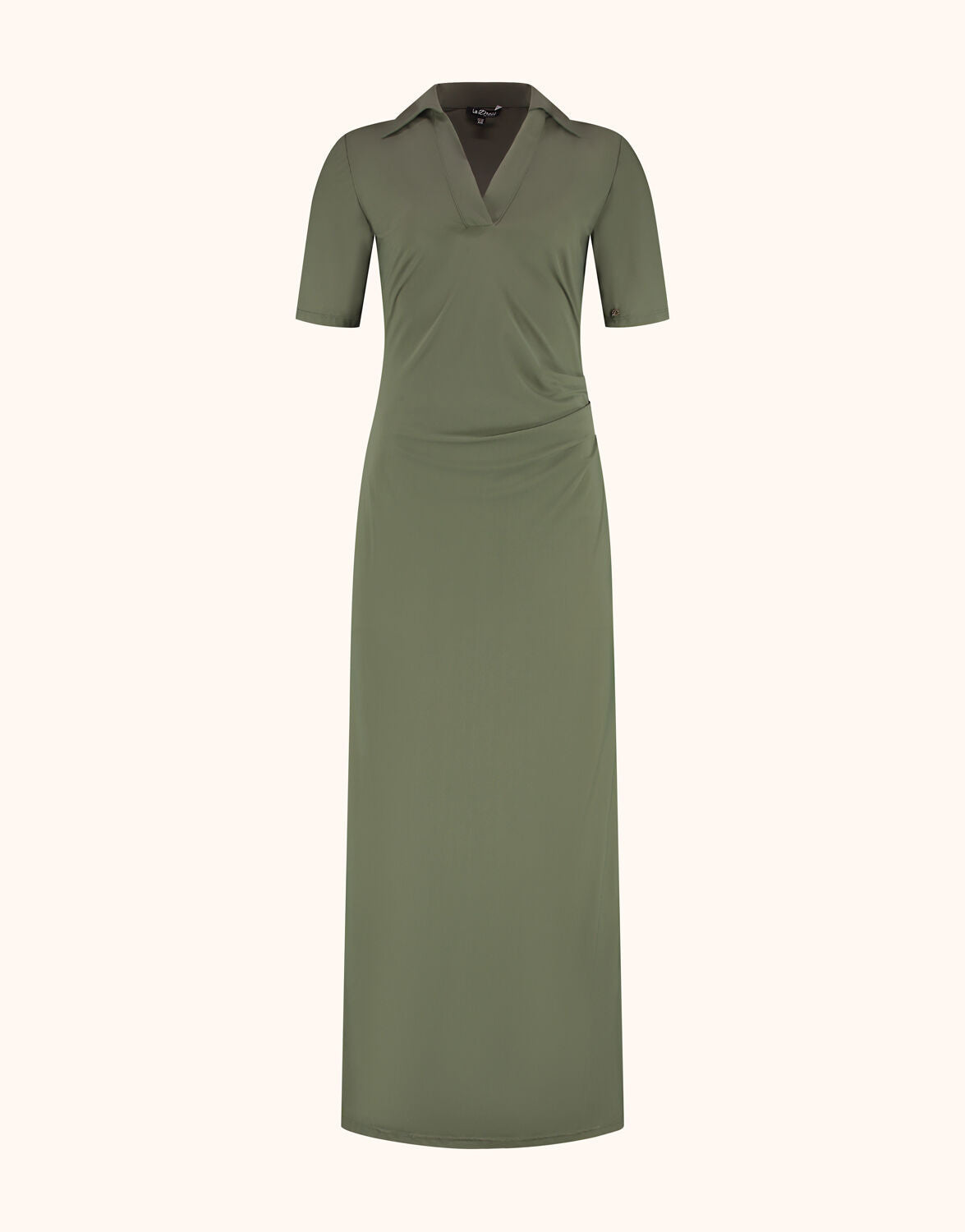 Packshot of the Arlette Dark Olive maxi dress with a polo collar and short sleeves.