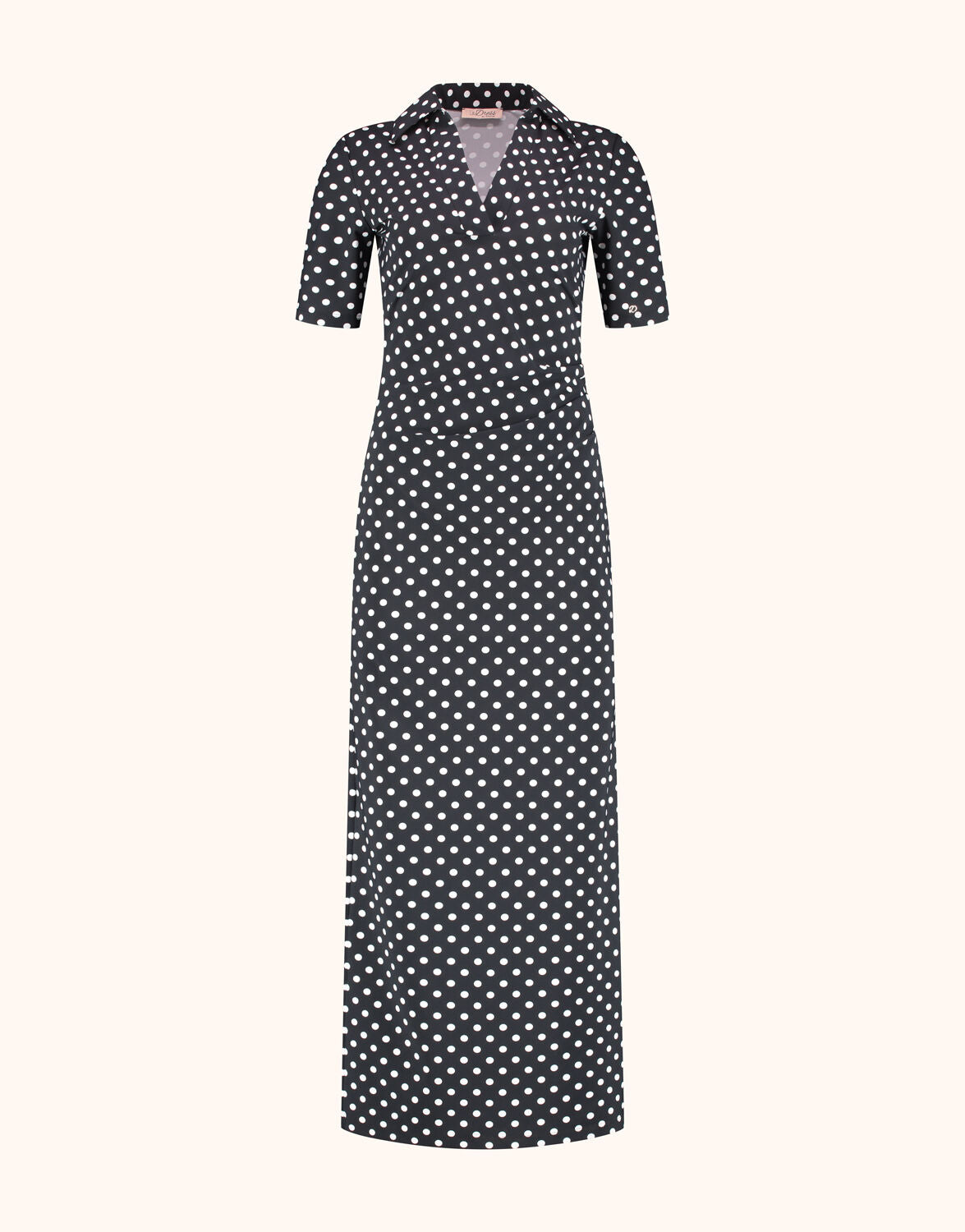 Packshot of the Arlette Ivory small dot maxi dress with a dot print and a polo collar.