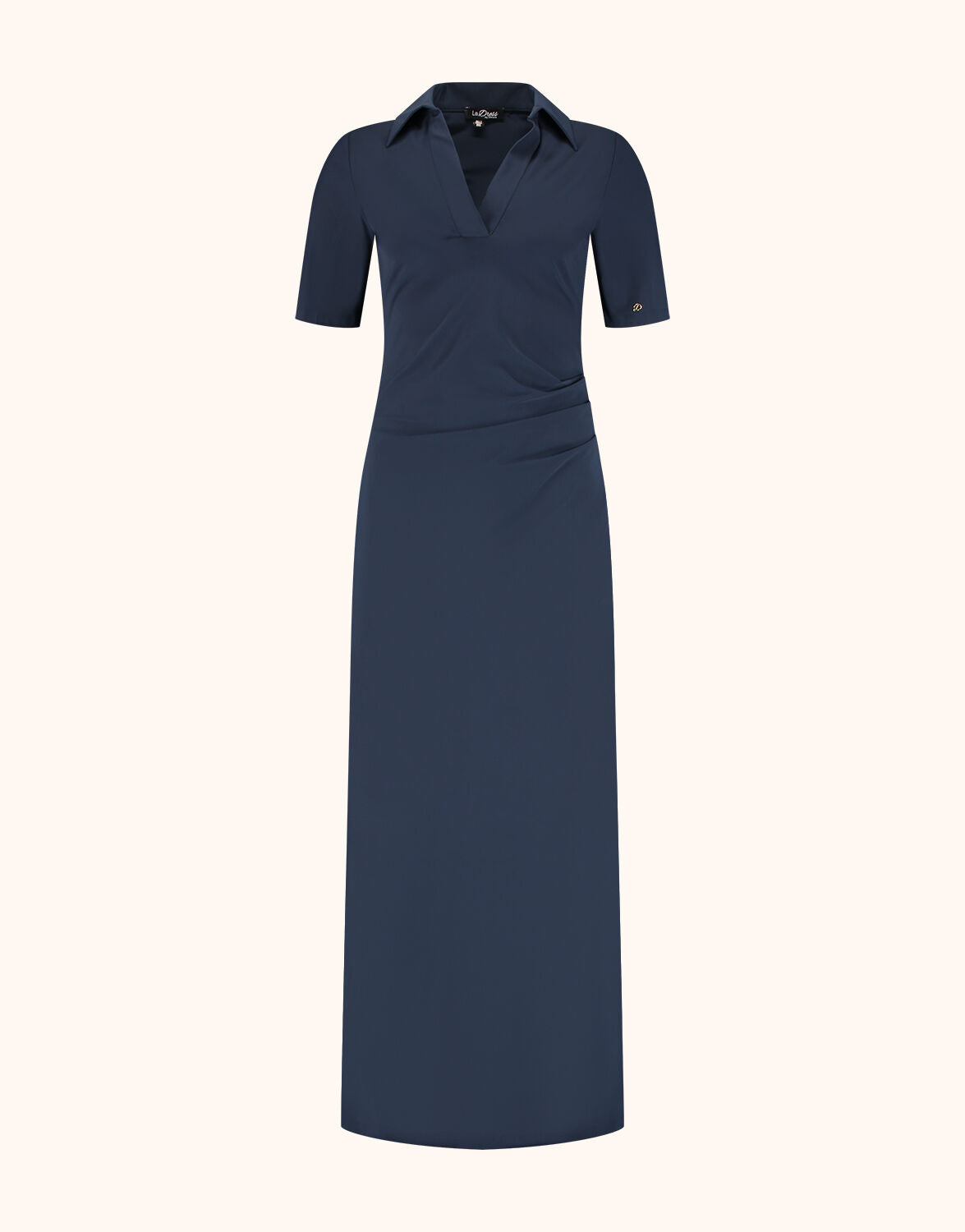Packshot of the Arlette Midnight Blue maxi dress with a polo collar and short sleeves.