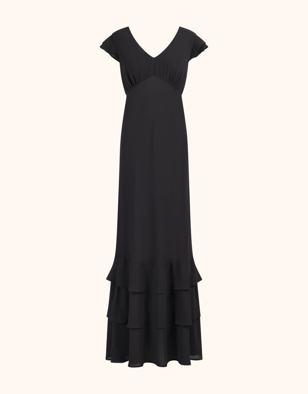 Packshot of the Hayden Black dress in crepe georgette, a long style with a ruffled hem.