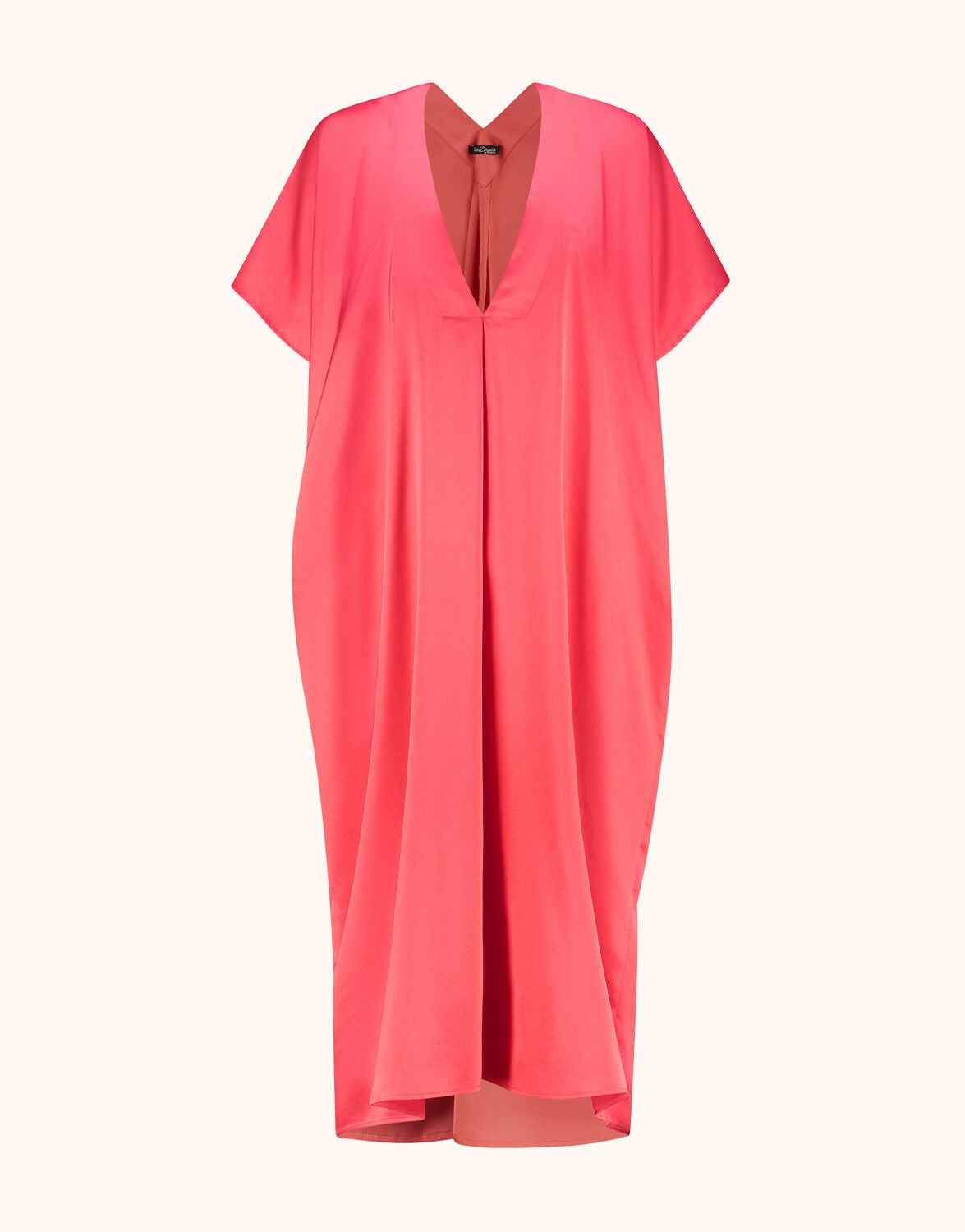 Packshot of the Ilaria Coral dress in satin, a loose kaftan style with a V-neck.