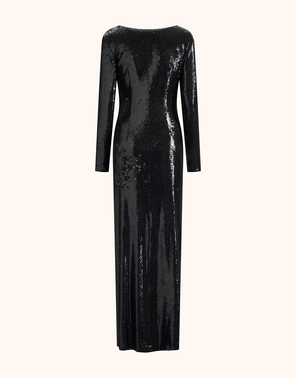 Long black dress with sequins, long sleeves, and an elegant round neckline, perfect for a stylish evening look.