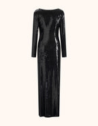 Long black dress with sequins, long sleeves, and an elegant round neckline, perfect for a stylish evening look.