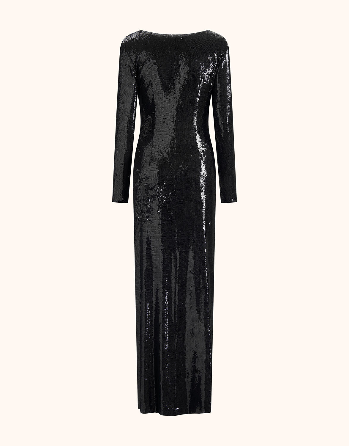 Long black dress with sequins, long sleeves, and an elegant round neckline, perfect for a stylish evening look.
