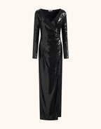 Elegant black sequin dress with long sleeves and a pleated waist, perfect choice for a night out.