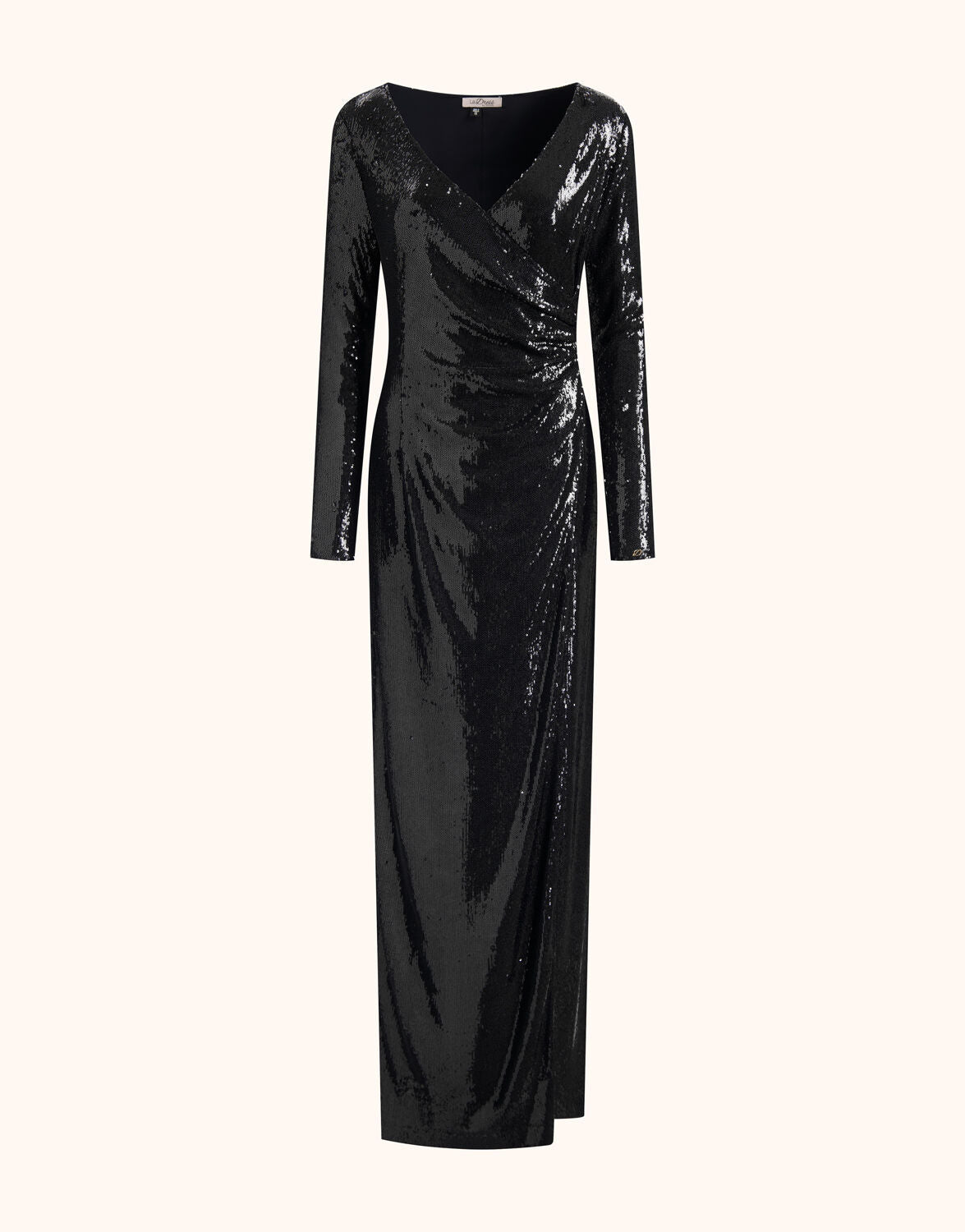 Packshot of the Nadine Black dress in sequins, a long wrap style with long sleeves.