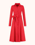 Red cotton shirt dress with long sleeves, button closure and tie belt, elegant and stylish design.