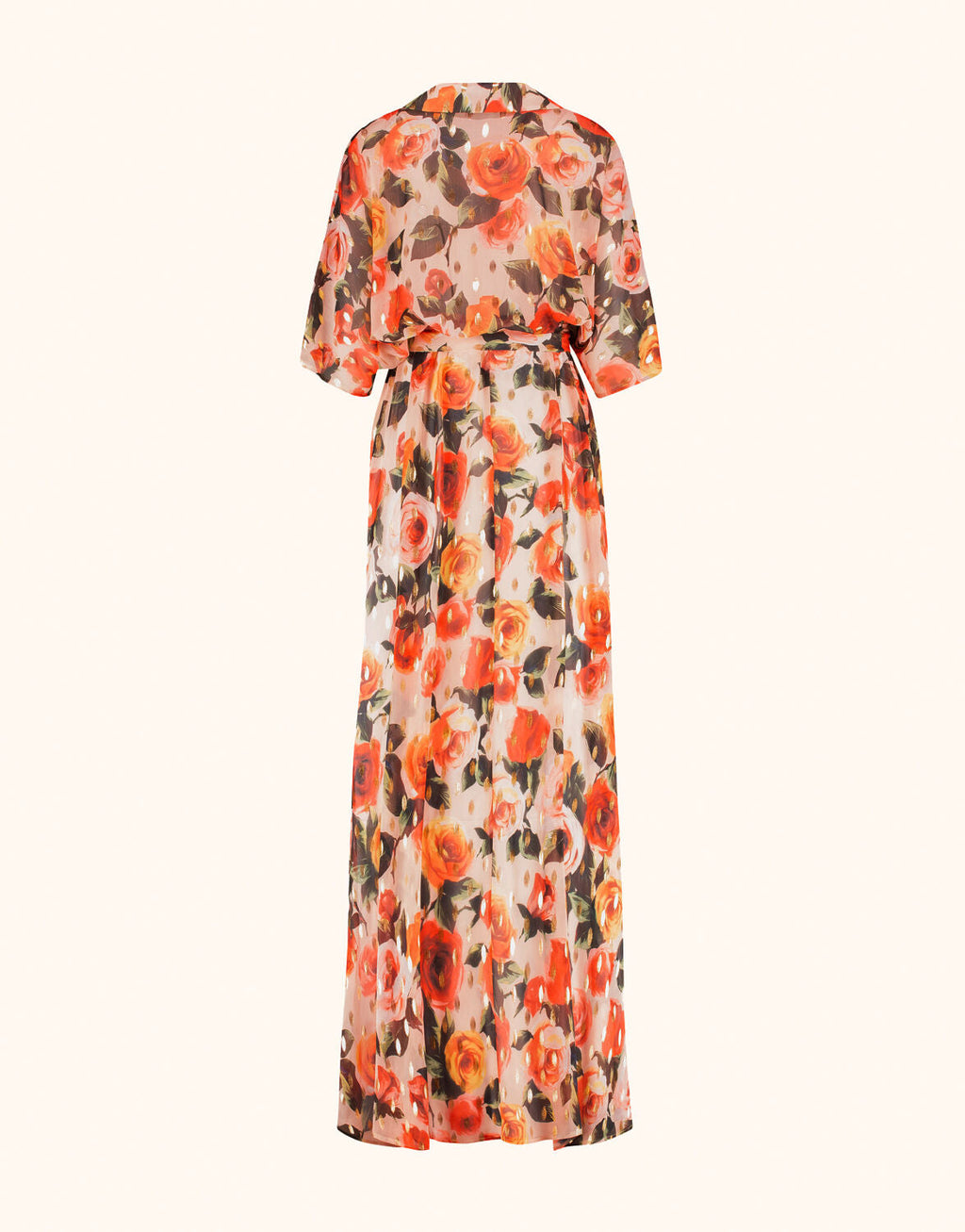 Long chiffon dress with floral print in warm autumn tones, slight transparency, and an elegant, flowing style.