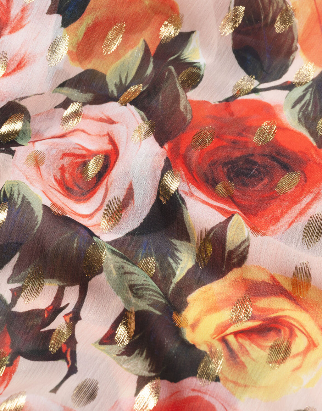 Floral pattern on a delicate, sheer fabric with colorful roses and gold dots, perfect for elegant fashion designs.