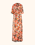Long dress with a colorful floral pattern, sheer chiffon, short sleeves, and an elegant abstract rose print.
