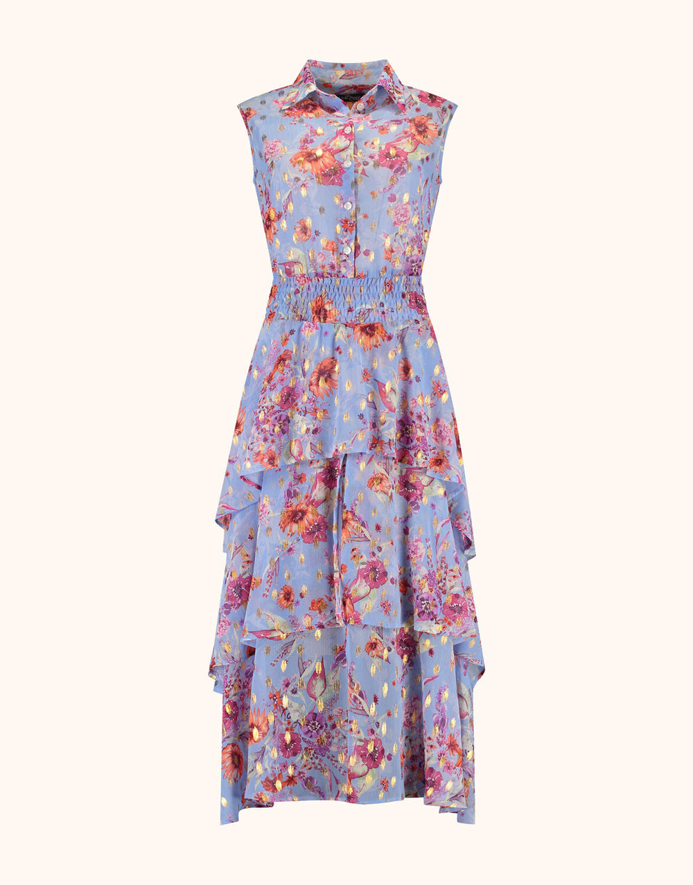 Sleeveless floral dress with layers in pastel shades, detailed with a pink and orange floral print on a blue background.
