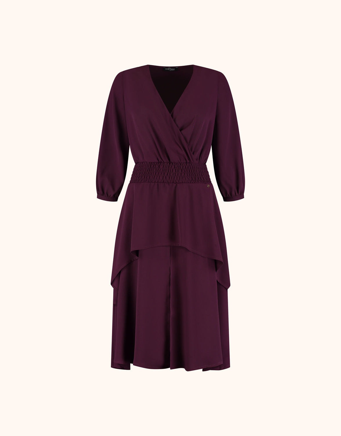 Packshot of the Rue Deep Aubergine dress in crepe georgette with a tiered ruffled skirt.
