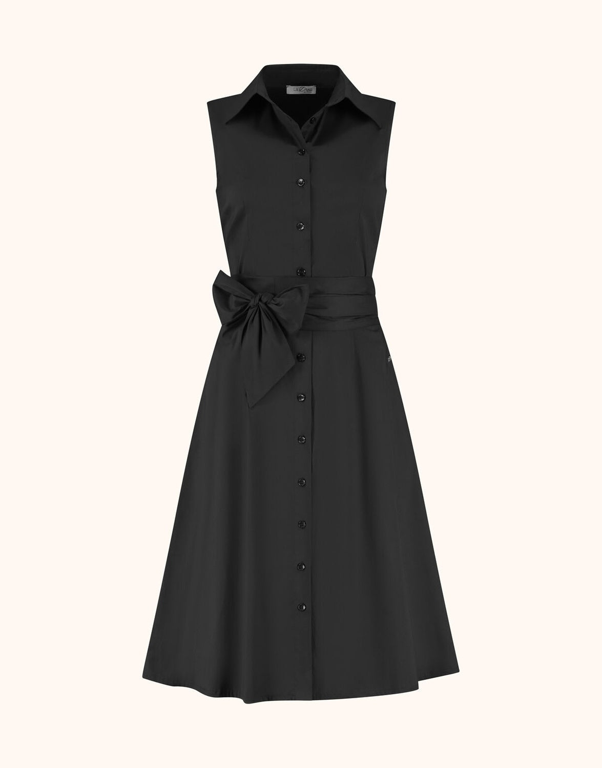 Packshot of the Leonie Black dress in cotton stretch poplin, sleeveless with a tie belt.