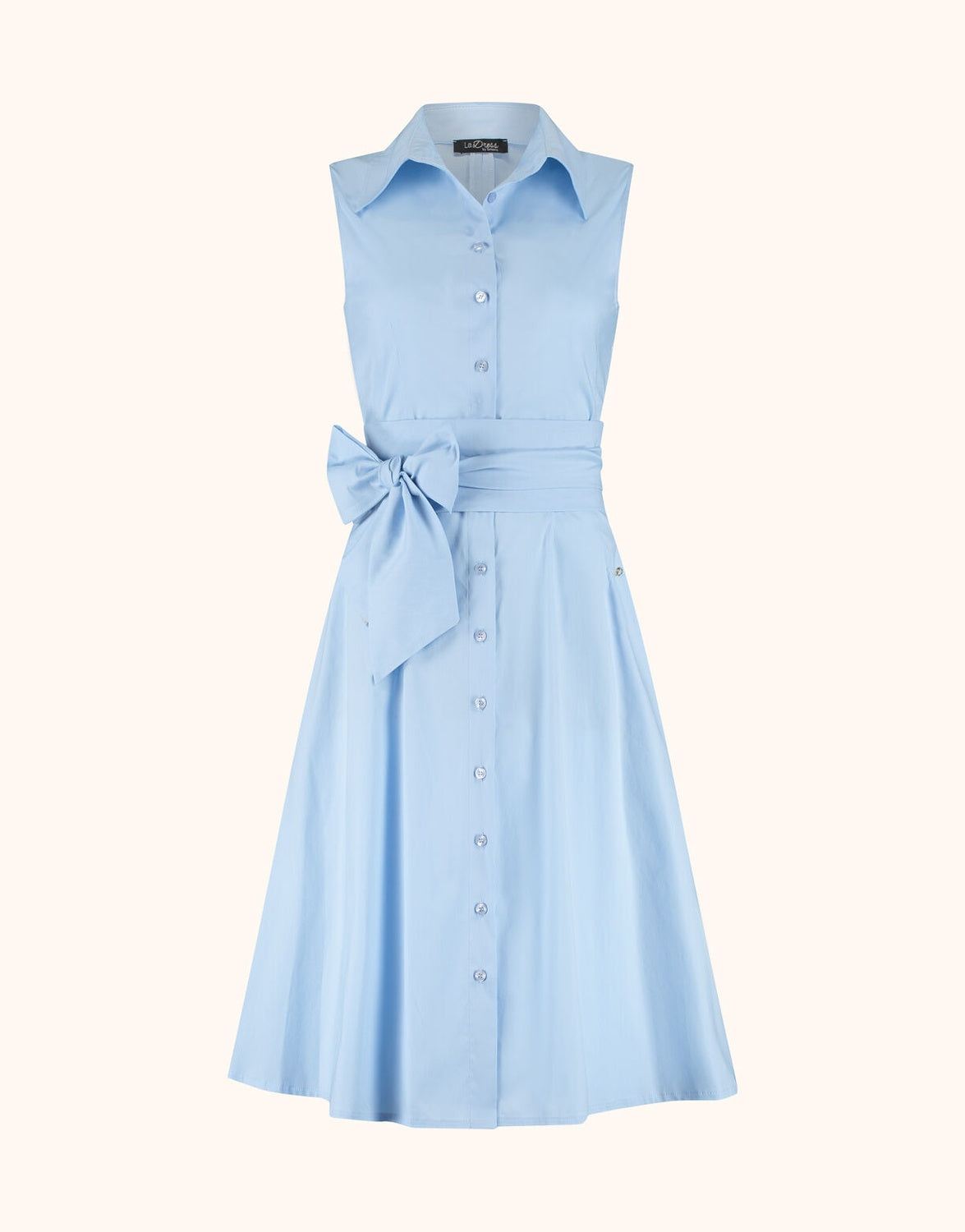 Packshot of the Leonie Light Blue dress in cotton stretch poplin, sleeveless with a tie belt.