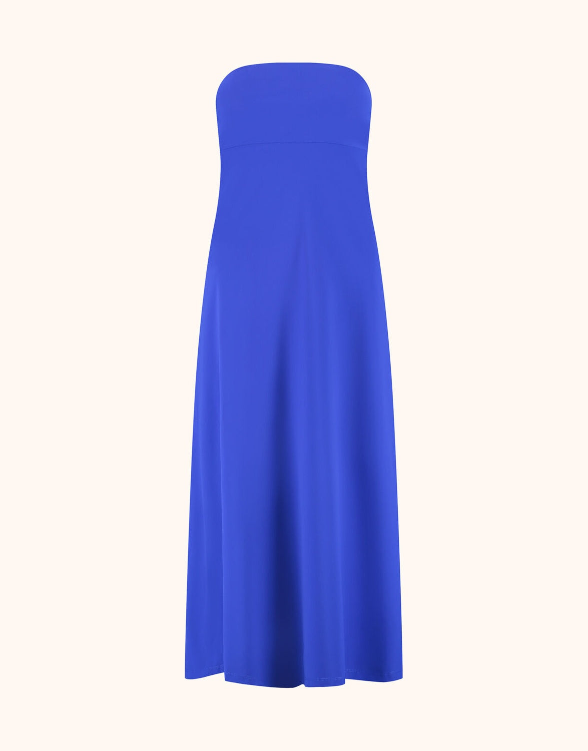 Packshot of the Tropez Marine Blue dress in jersey lycra with a wide band at the top.