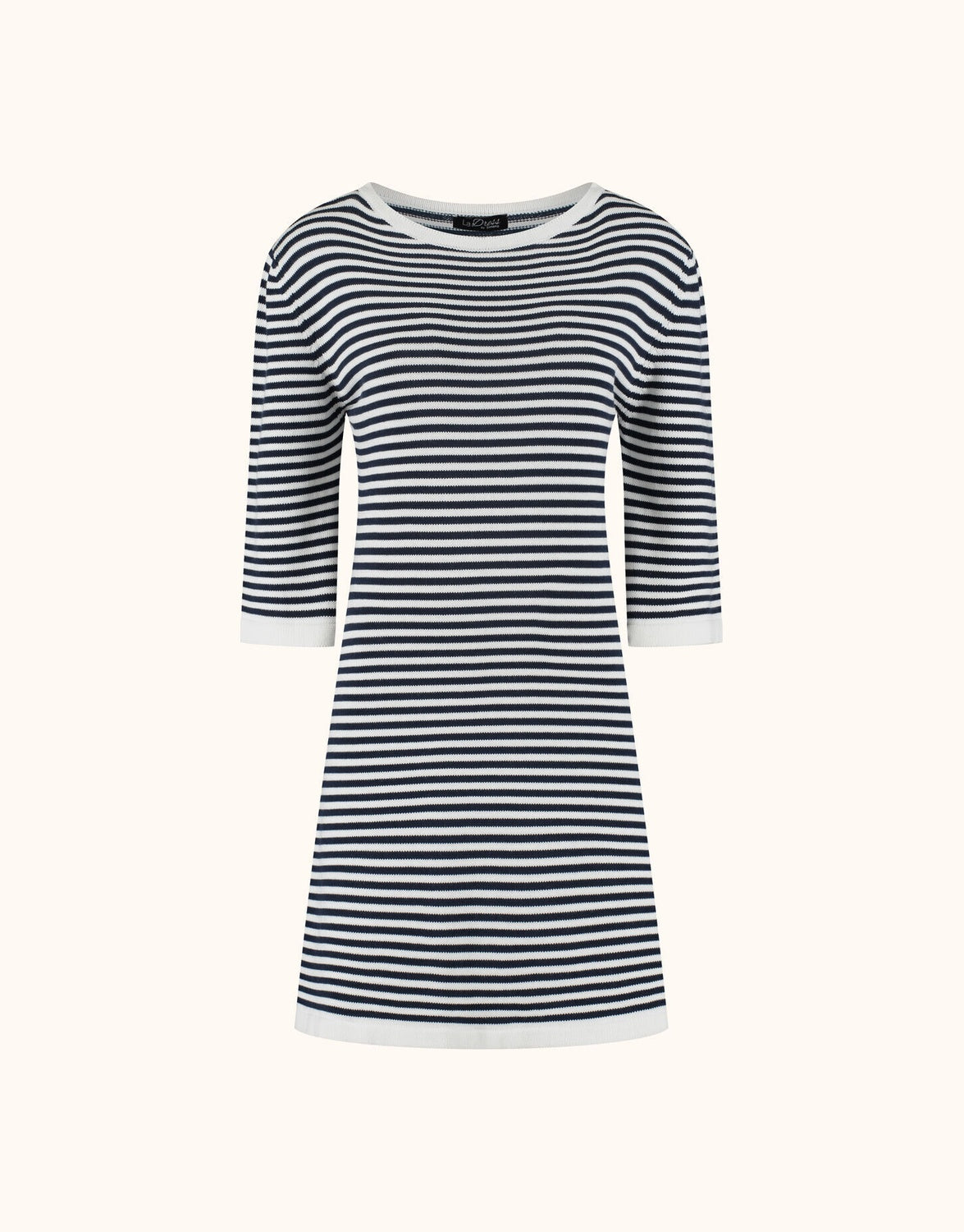 Packshot of the Lotta Midnight Blue Stripe dress in organic certified cotton with stripes.