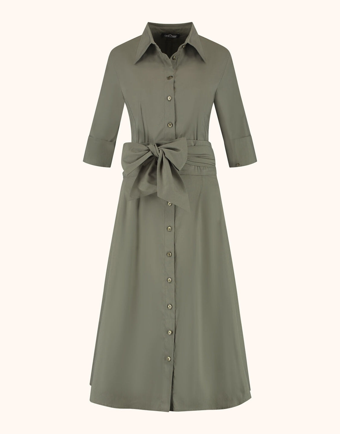 Packshot of the Vera Olive dress in cotton stretch poplin with a collar and tie belt.