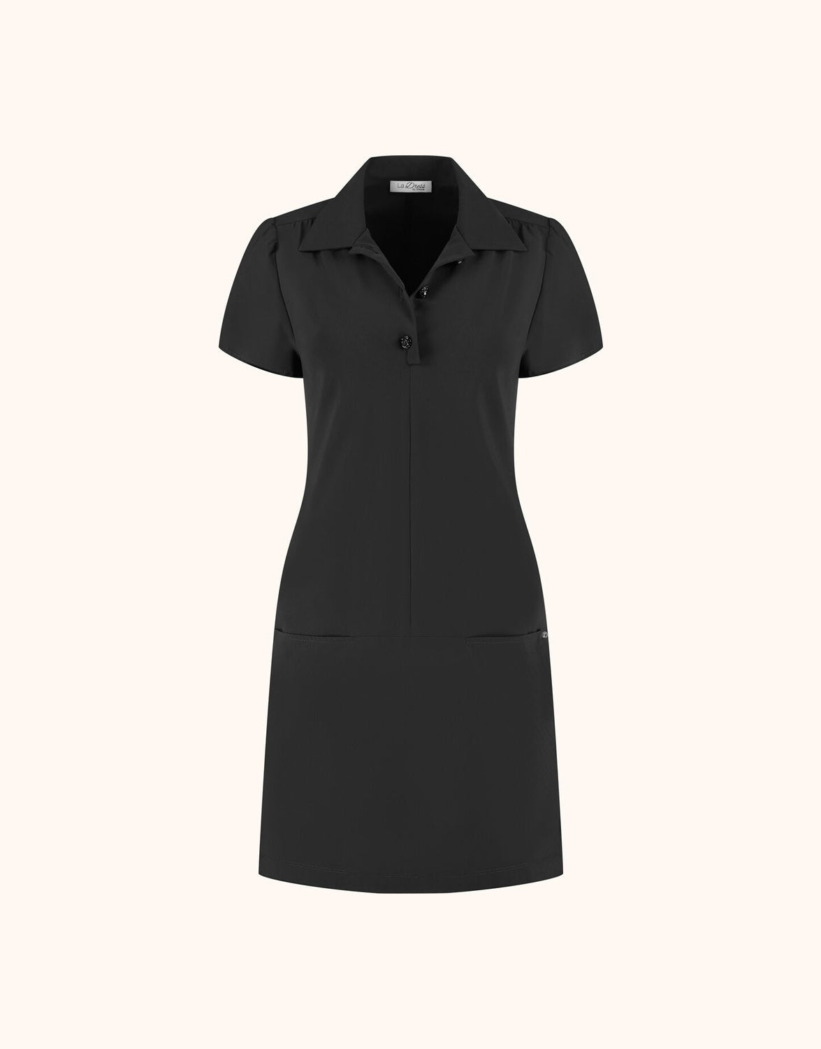 Packshot of the Mavis Black tunic in jersey lycra with a collar and short sleeves.