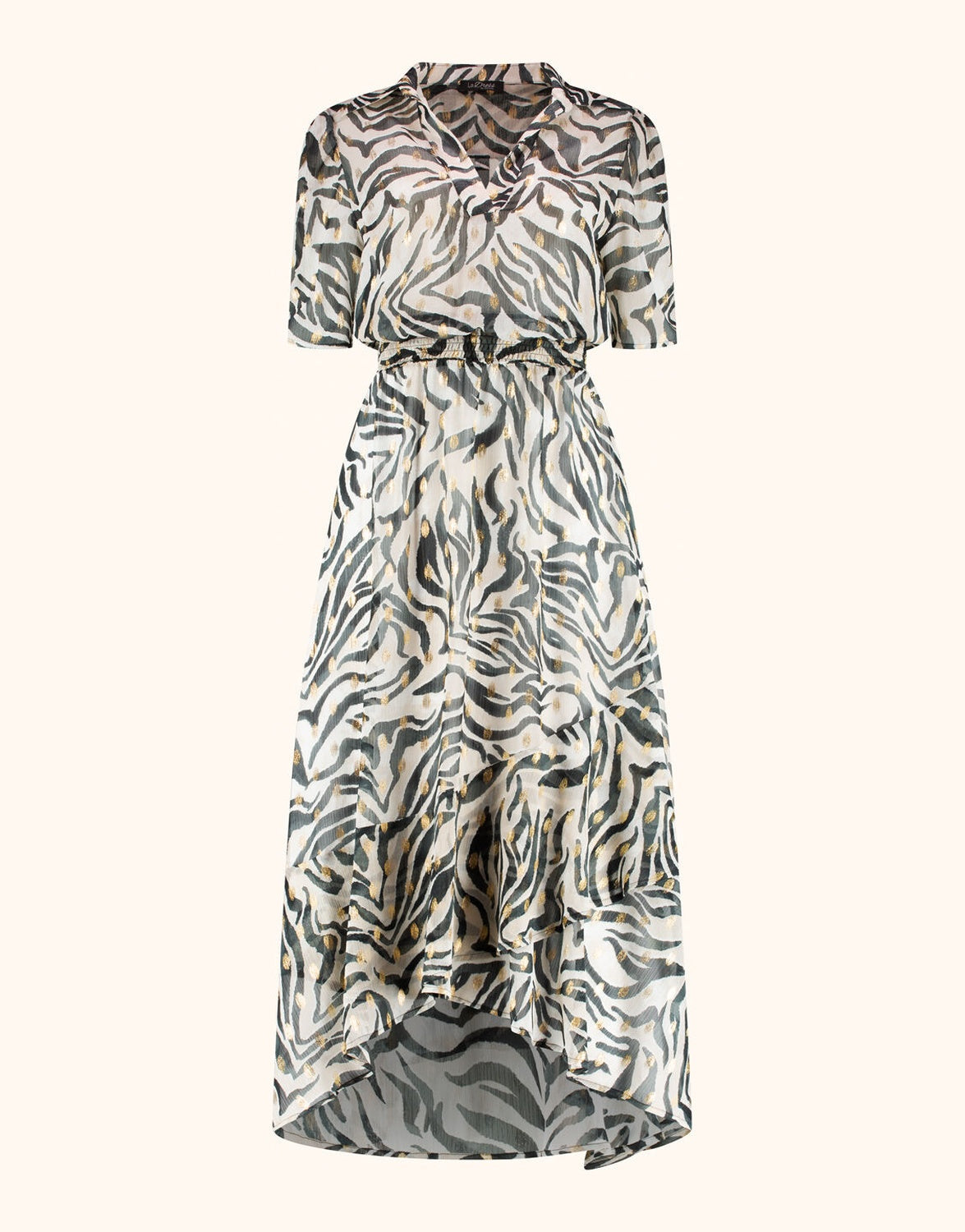 Packshot of the Perla Wild Stripes dress in chiffon with a collar and asymmetric hem.