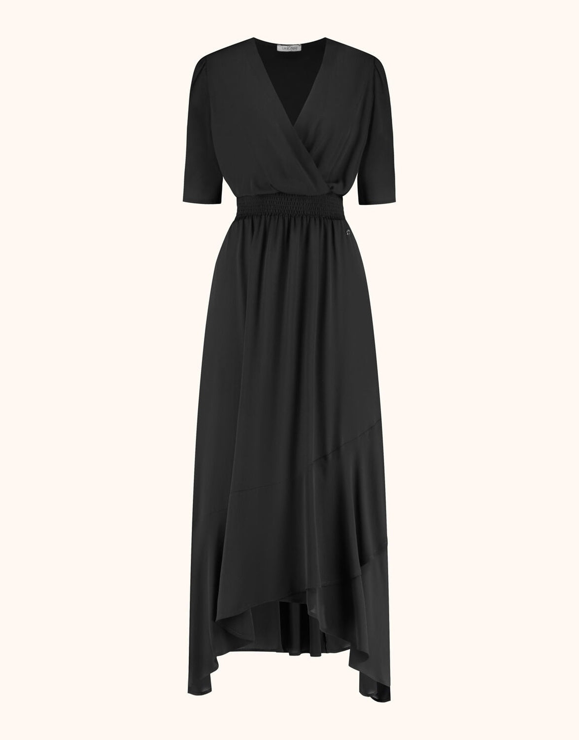 Packshot of the Lotus Black dress in crepe georgette with a wrap front and asymmetric hem.