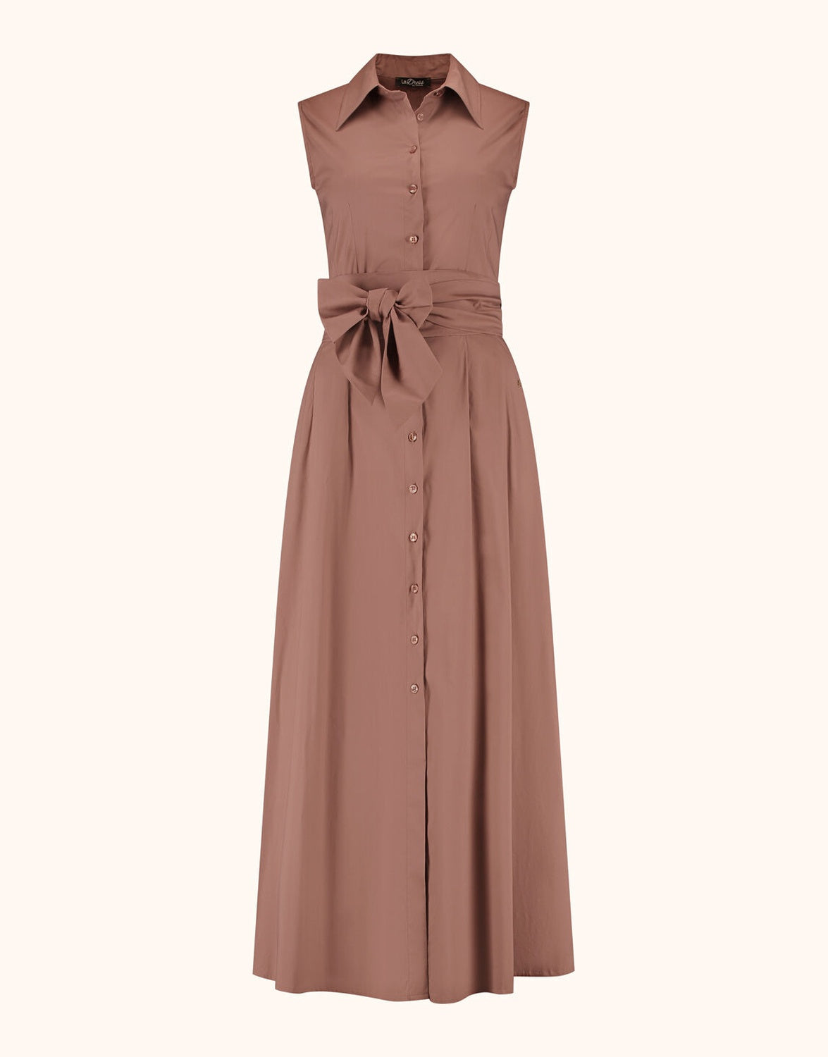 Packshot of the Emilia Cacao dress in cotton stretch poplin, a long style with a tie belt.