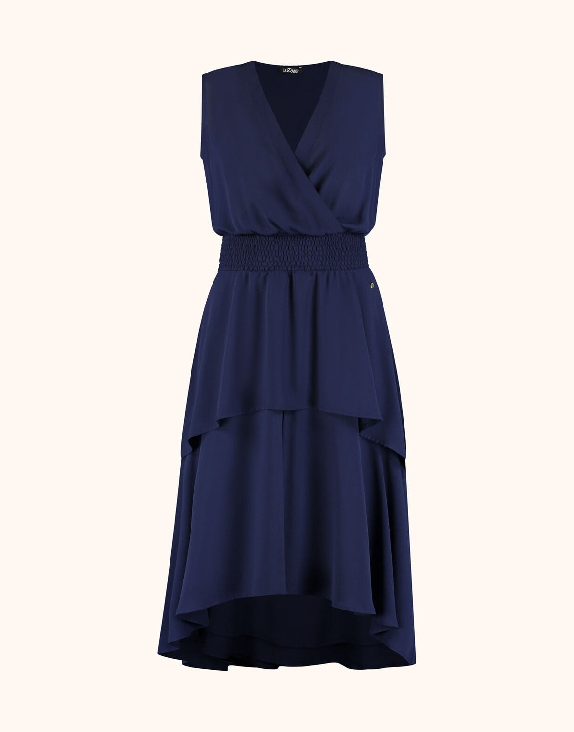 Packshot of the Tilly Midnight Blue dress in crepe georgette with a wrap front.