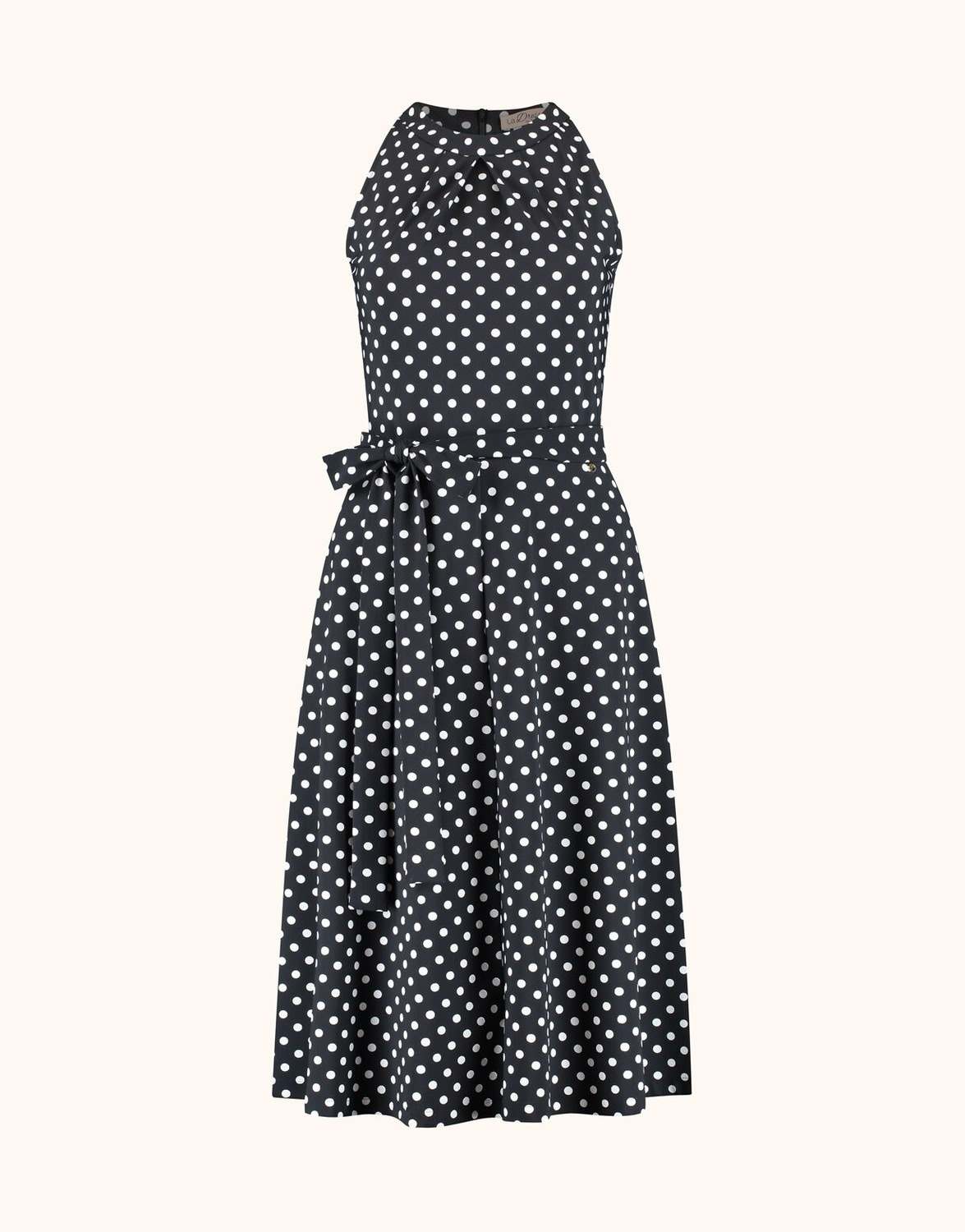 Packshot of the Juno Ivory small dot dress in jersey lycra with a tie belt at the waist.