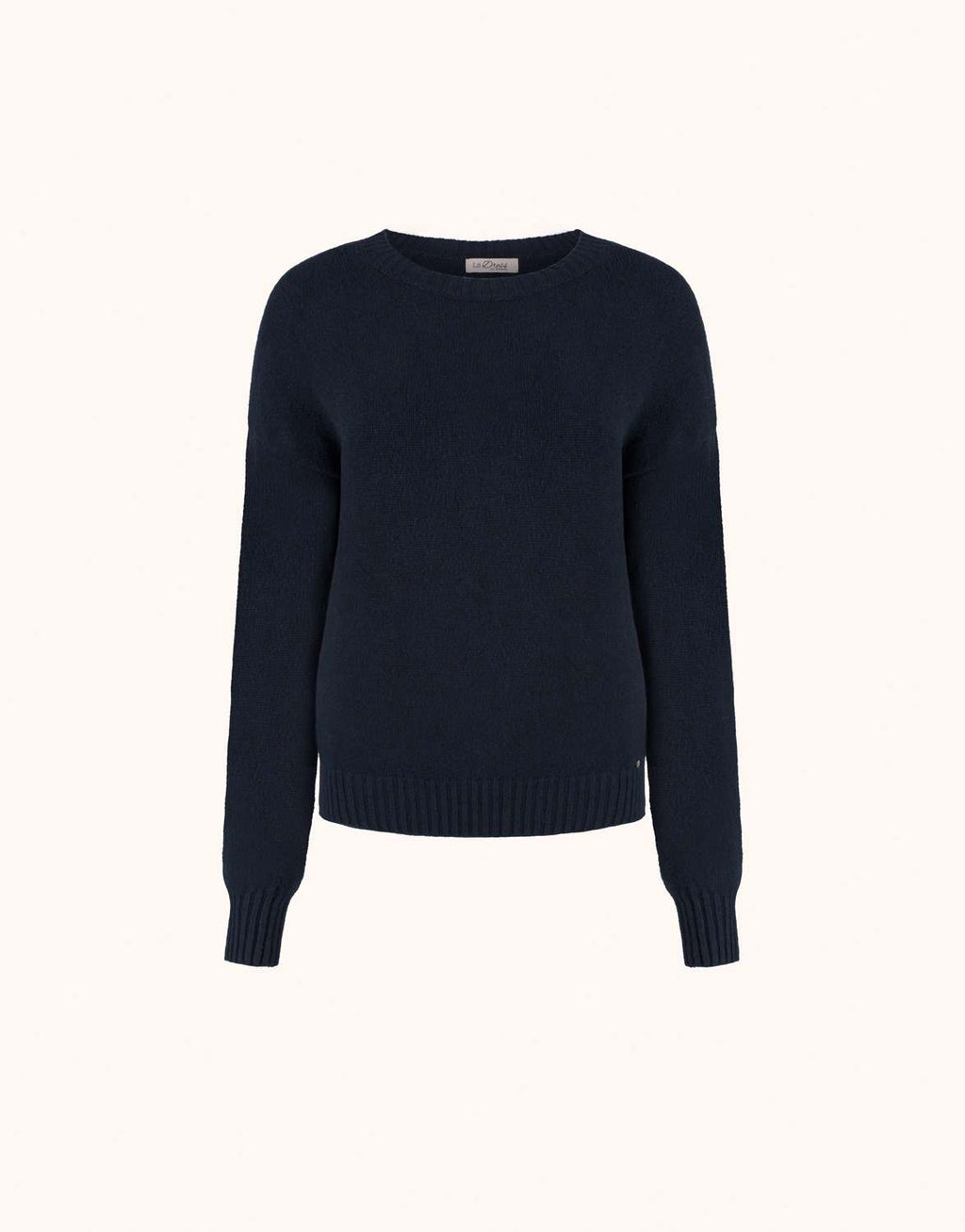 Packshot of the Lucienne Midnight Blue jumper in viscose knit with a round neck and ribbed cuffs.