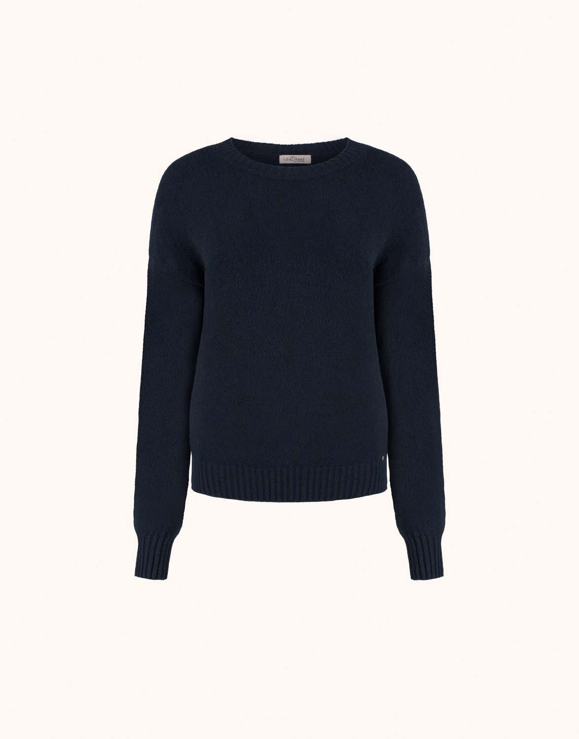 Packshot of the Lucienne Midnight Blue jumper in viscose knit with a round neck and ribbed cuffs.