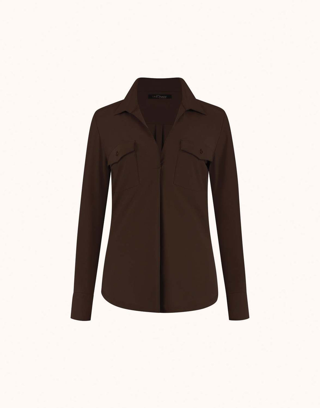 Packshot of the Esmee Espresso blouse in jersey lycra with a collar and two chest pockets.