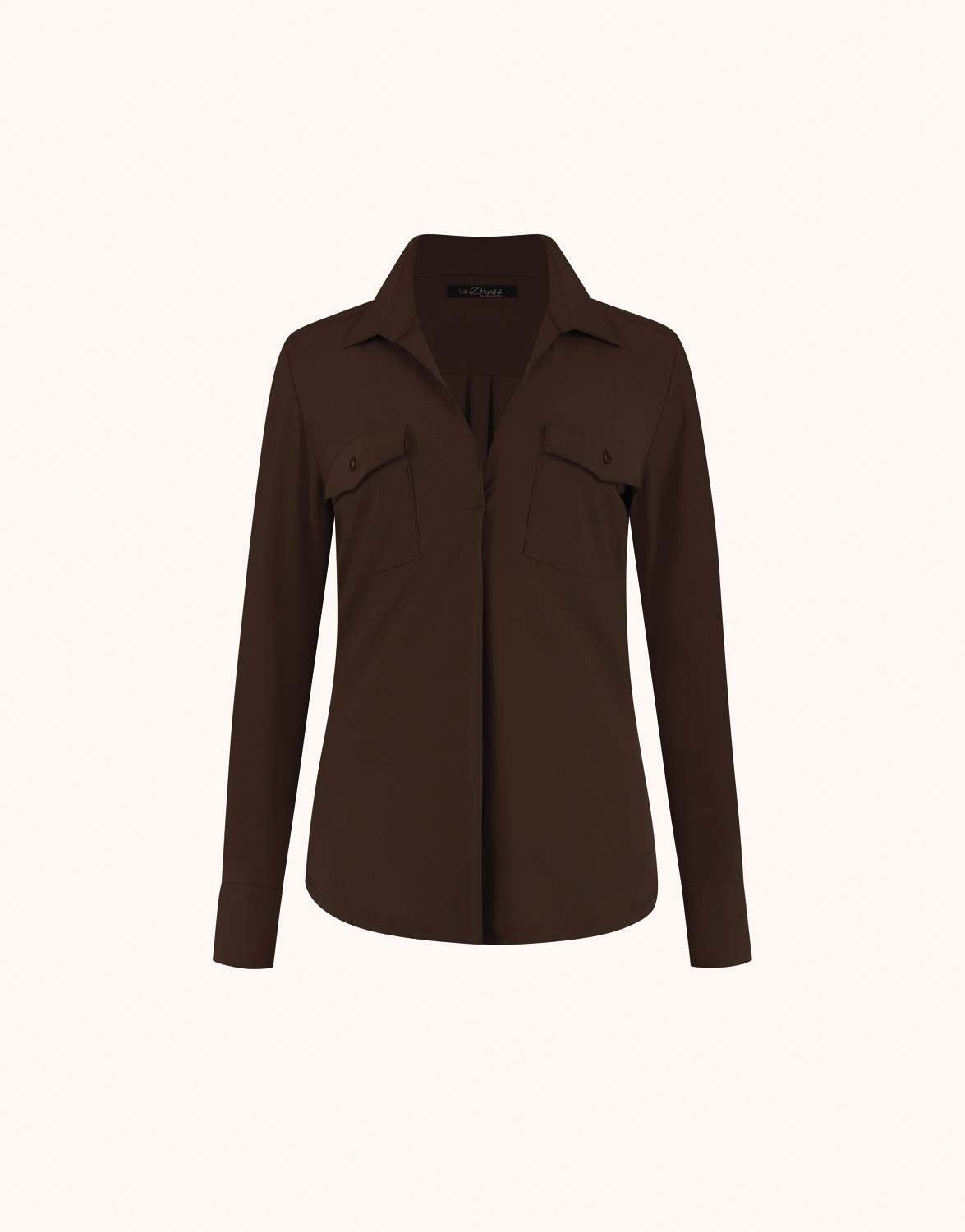 Packshot of the Esmee Espresso blouse in jersey lycra with a collar and two chest pockets.