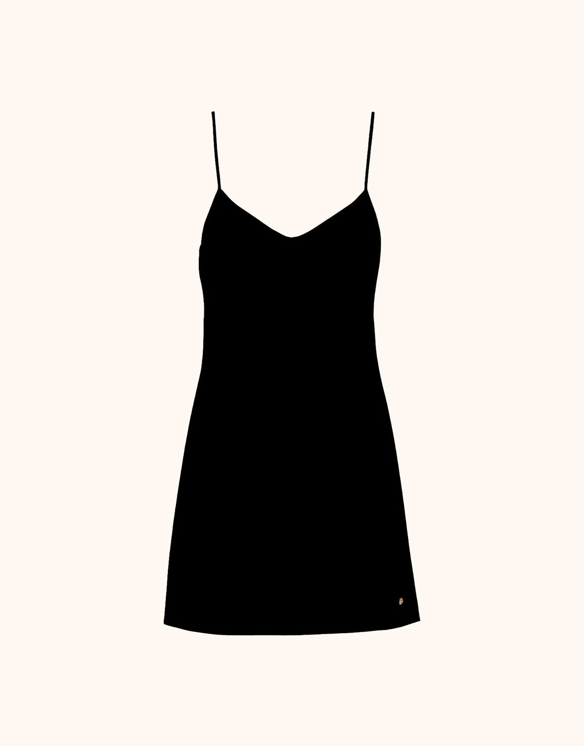 Packshot of the Paula Black slip dress in jersey lycra with a V-neck and thin straps.