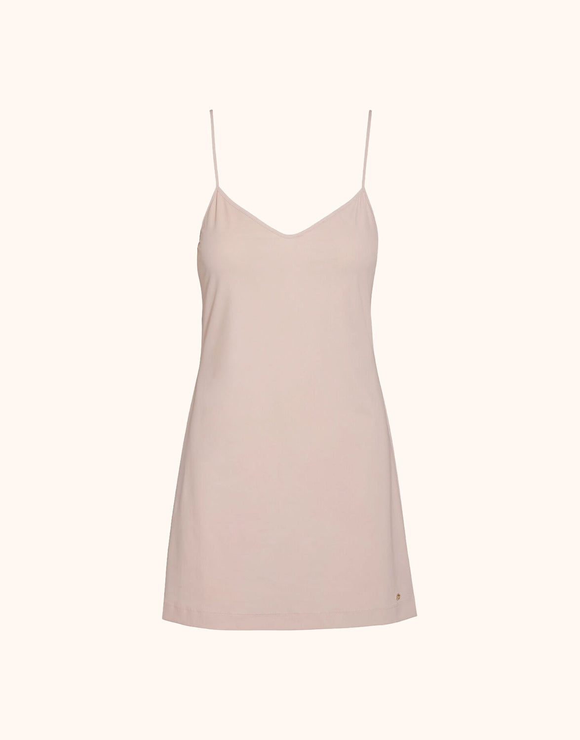 Packshot of the Paula Powder slip dress in jersey lycra with a V-neck and thin straps.