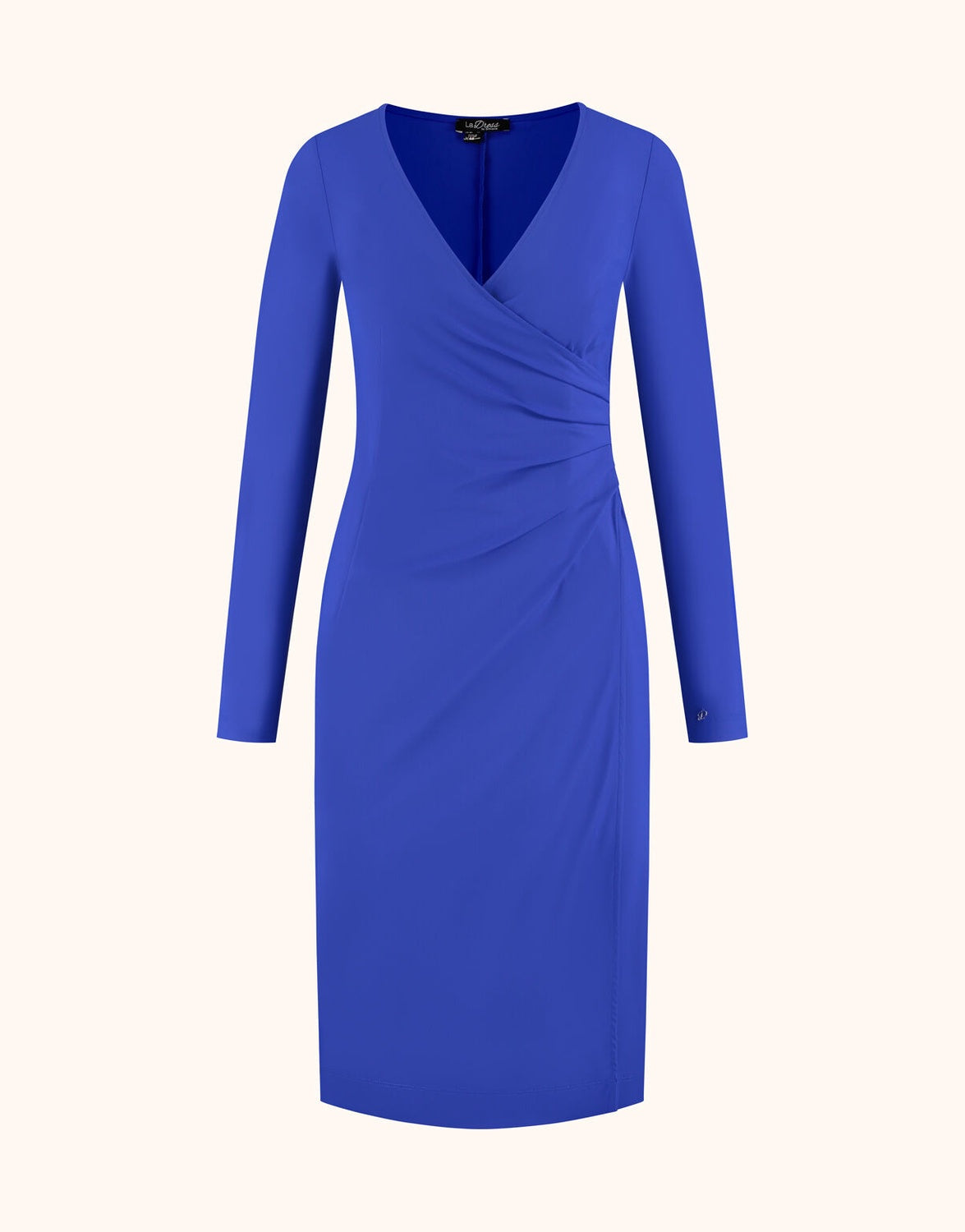 Packshot of the Niccola Marine Blue dress in jersey lycra with a V-neck and long sleeves.