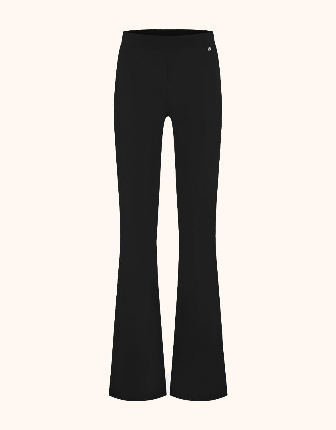 Packshot of the Siena Black trousers in jersey lycra with a flared leg.