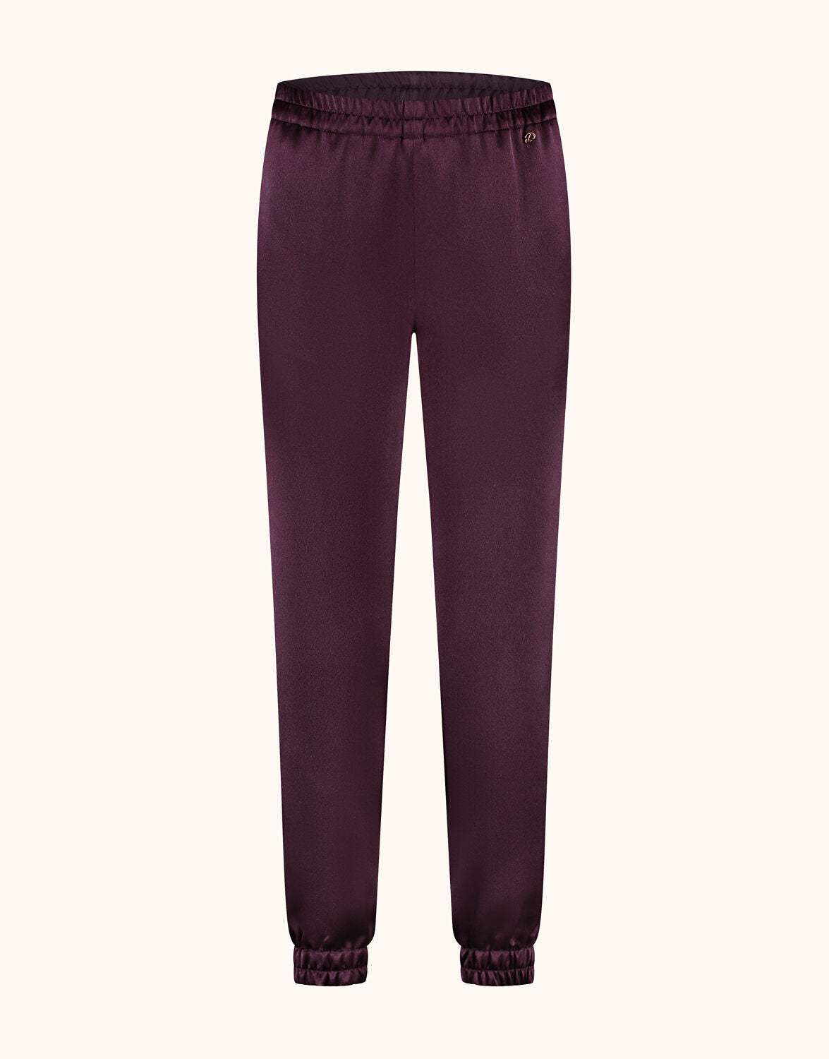 Packshot of the Verona Deep Aubergine Satin trousers in crepe satin with cuffed hems.