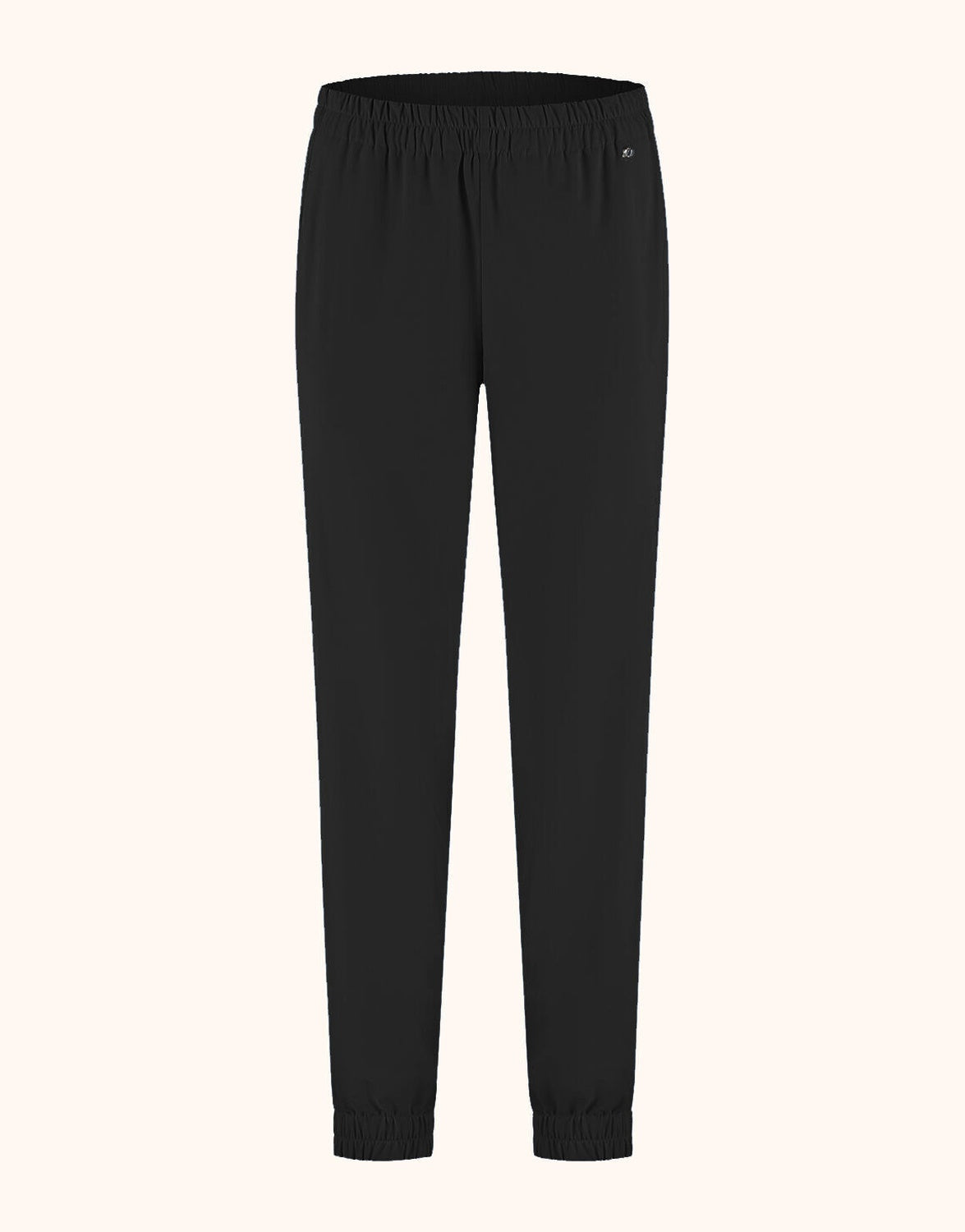 Packshot of the Palermo Black trousers in jersey lycra with an elasticated waist and cuffs.