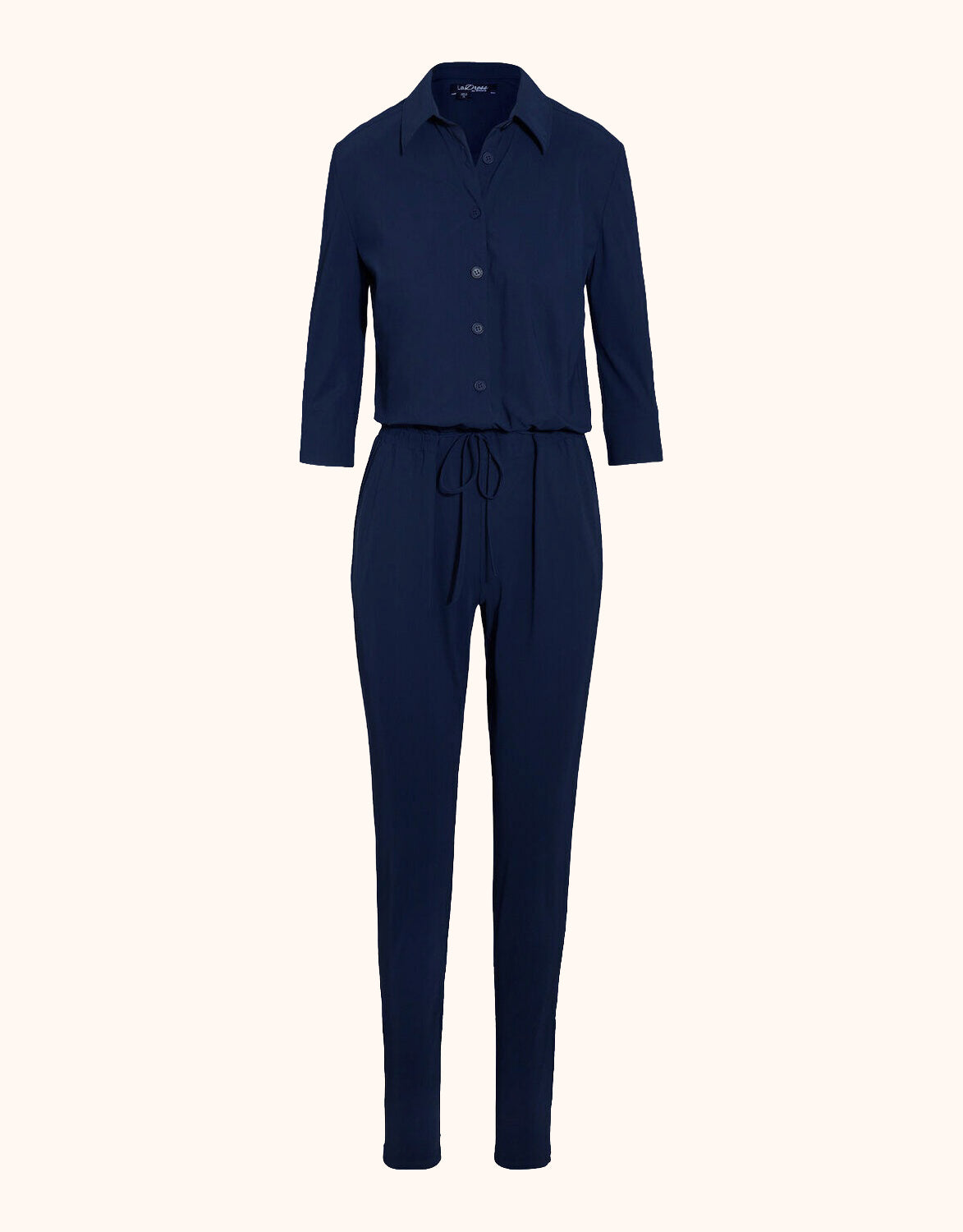 Packshot of the Jade Midnight Blue jumpsuit in jersey lycra with a drawstring waist.