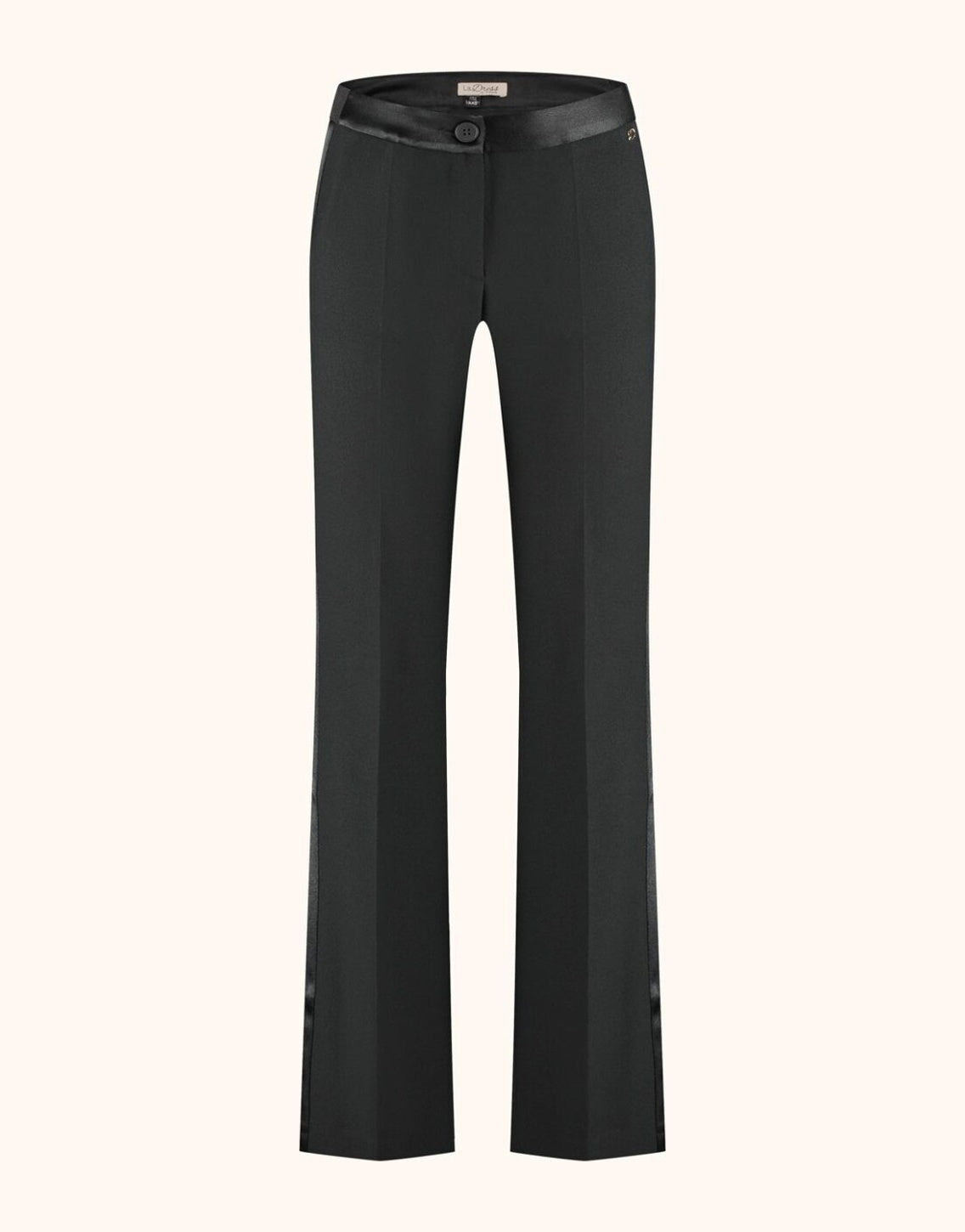 Packshot of the Palma Black trousers in crepe satin with a satin waistband.