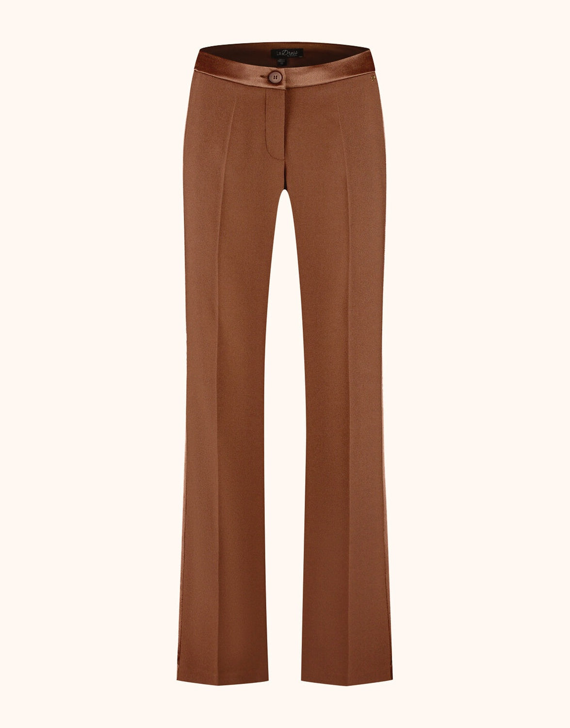 Packshot of the Palma Cacao Brown trousers in crepe satin with a satin waistband.